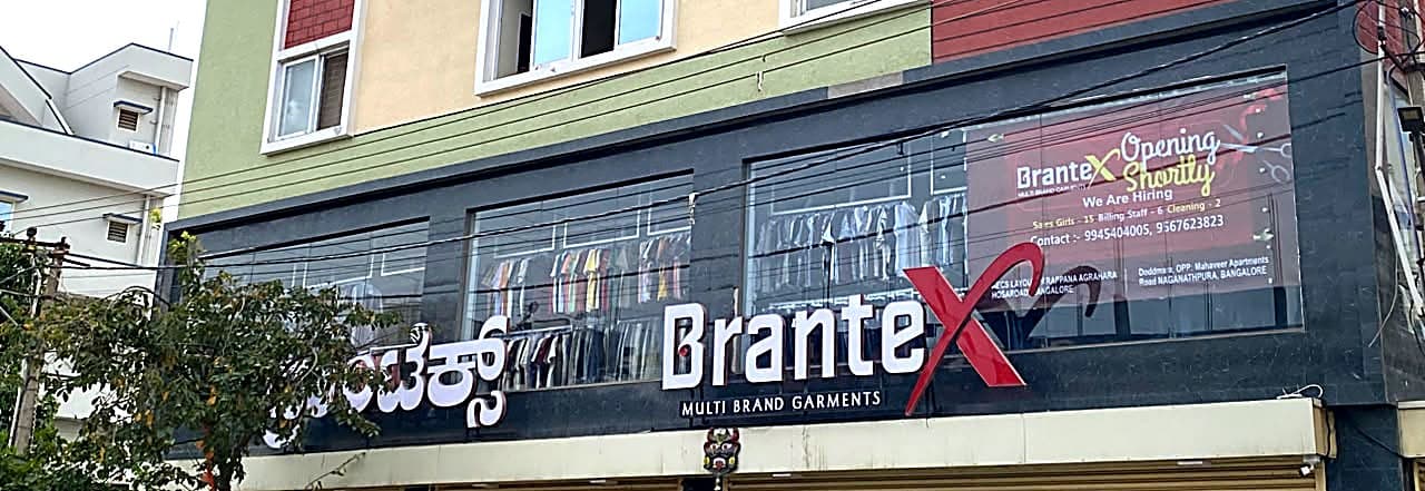 The Brantex outlet — signboard and window displays on Parappana Agrahara Main Road
